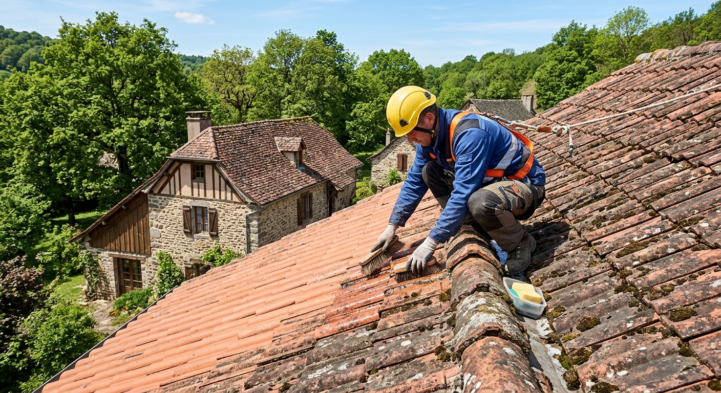 Artisan couvreur réalisant un nettoyage de toiture professionnel à Chantilly