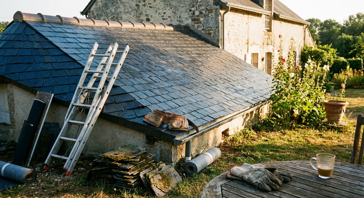 Artisan couvreur souriant après la rénovation d'une toiture